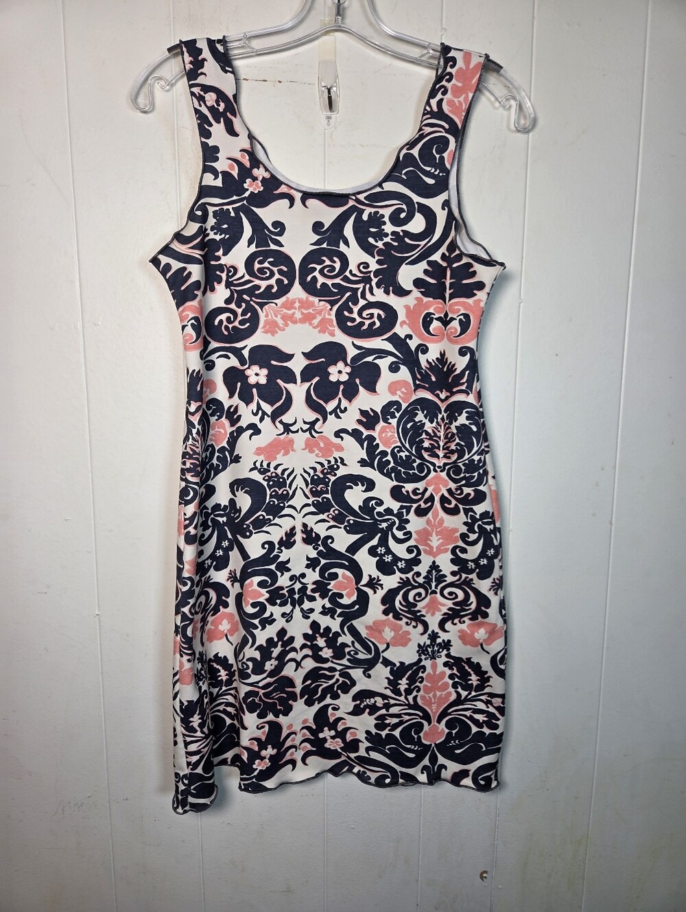 Haystacks Navy White Pink Damask Print Lettuce Hem Tank Dress Sz Medium Michigan - Picture 2 of 15